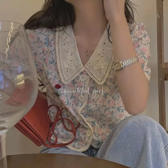 Floral blouse shirt top lace flower pink green cream womens tops summer spring - Picture 2 of 5